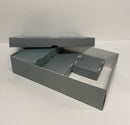 A large, gray, fluted conservation board storage box with a full-depth lid, displayed open and empty, with smaller internal boxes visible inside.