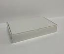 A flat packed, white polypropylene hinged lid document box.